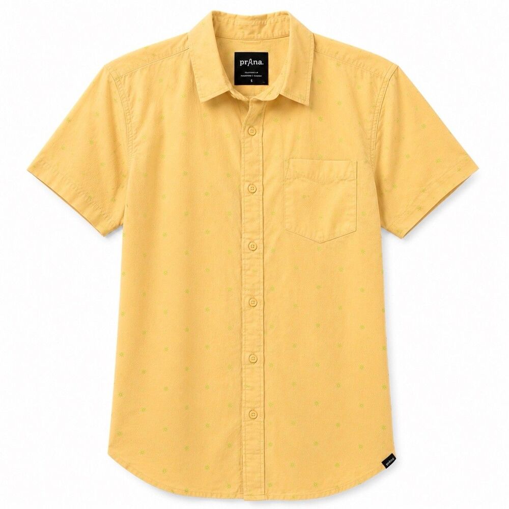 Prana Mens Small Shirt Tinline Button Up Short Sleeve Sunkissed Spiral Yellow
